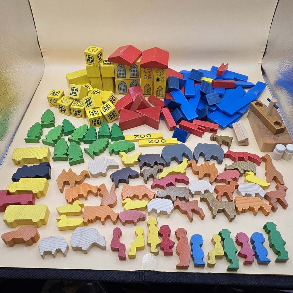 Vintage Lorenz Spiel Welt West Germany Wood Blocks Zoo Farm Animals People